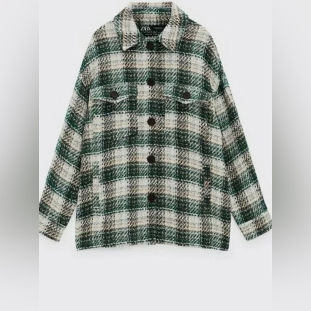 Zara Tweed Plaid Oversized Shirt Jacket Green Cream Sz M